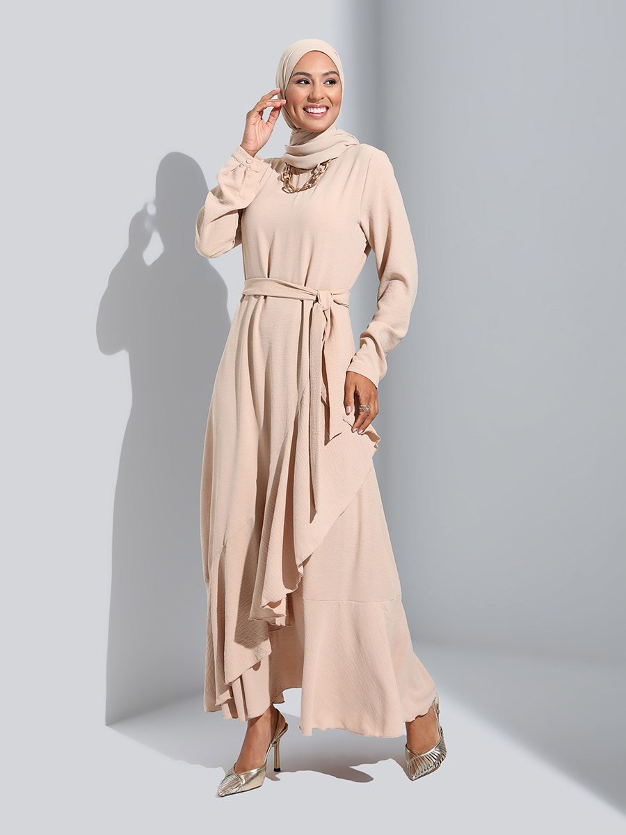 Beige Modest Maxi Dress with Ruffled Edge For Women at Bahrain | Styli