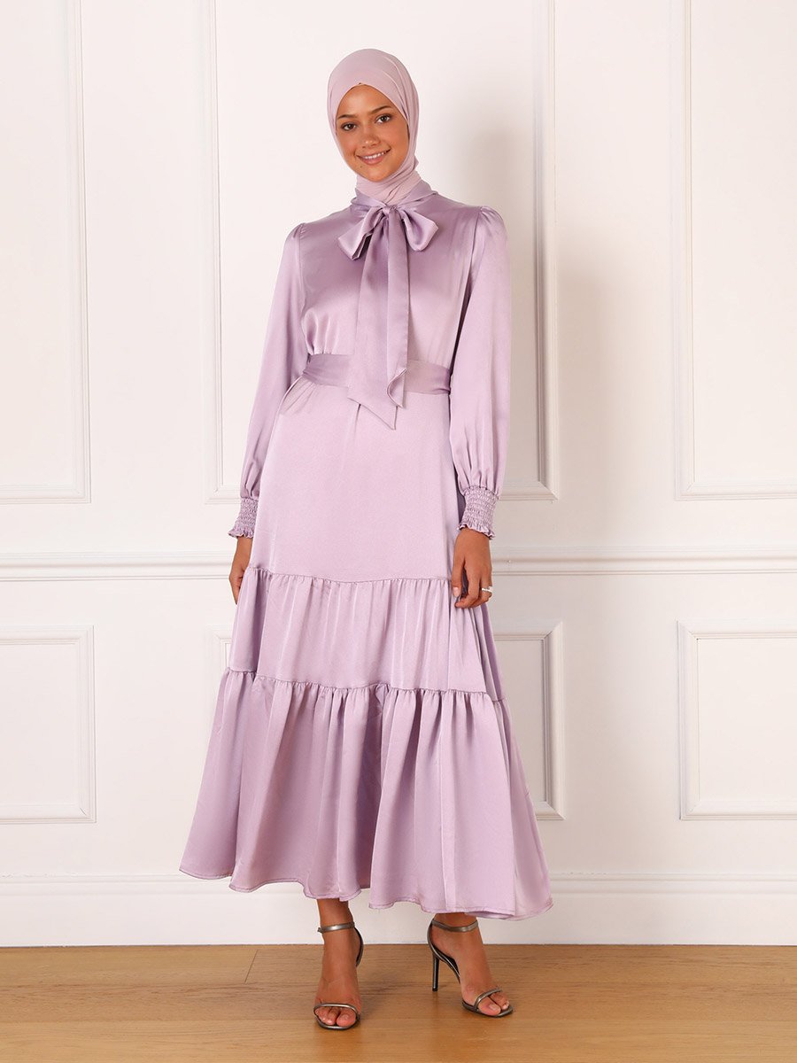 Lilac Satin Tie-Up Neck Tiered Maxi Dress