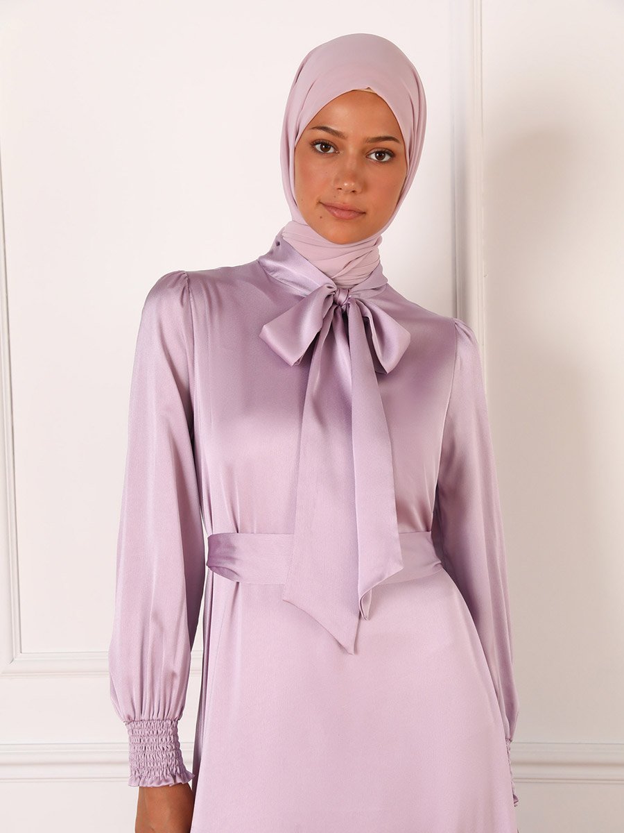 Lilac Satin Tie-Up Neck Tiered Maxi Dress