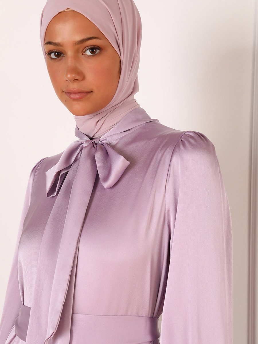 Lilac Satin Tie-Up Neck Tiered Maxi Dress