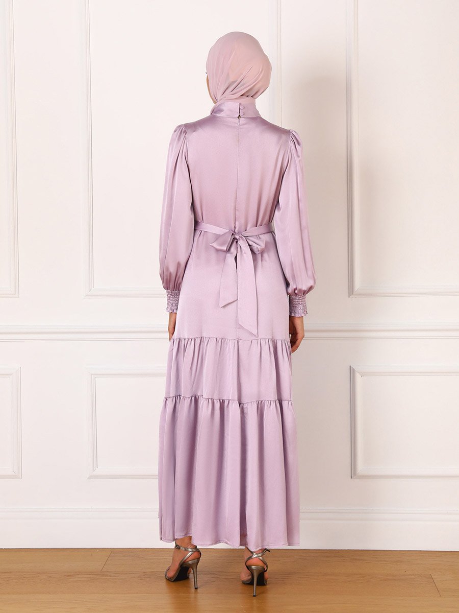 Lilac Satin Tie-Up Neck Tiered Maxi Dress