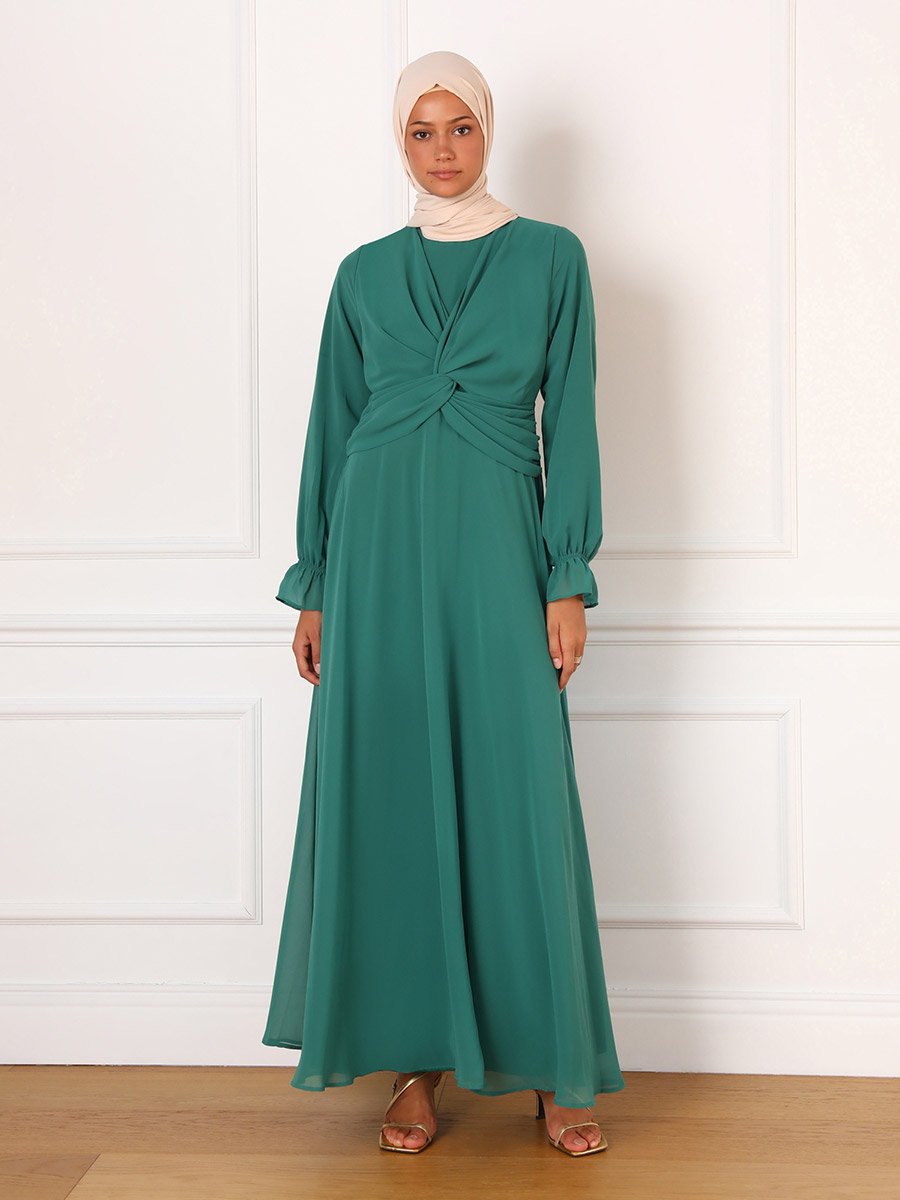 Dark Green Solid Twist Front Maxi Dress