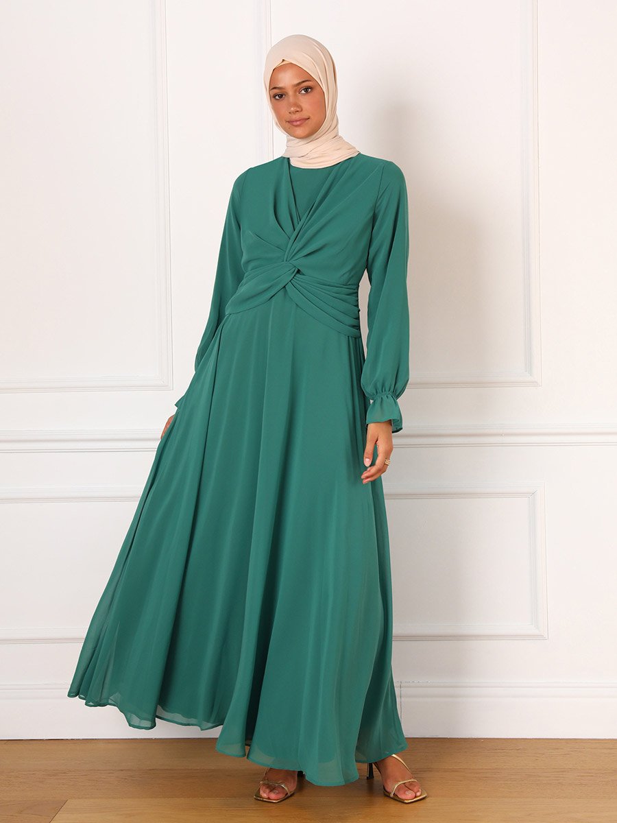 Dark Green Solid Twist Front Maxi Dress
