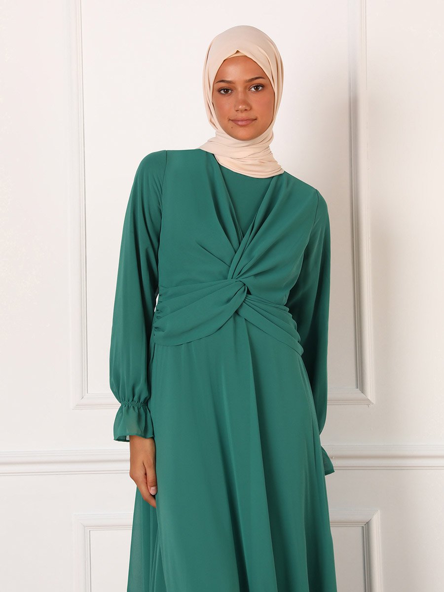 Dark Green Solid Twist Front Maxi Dress