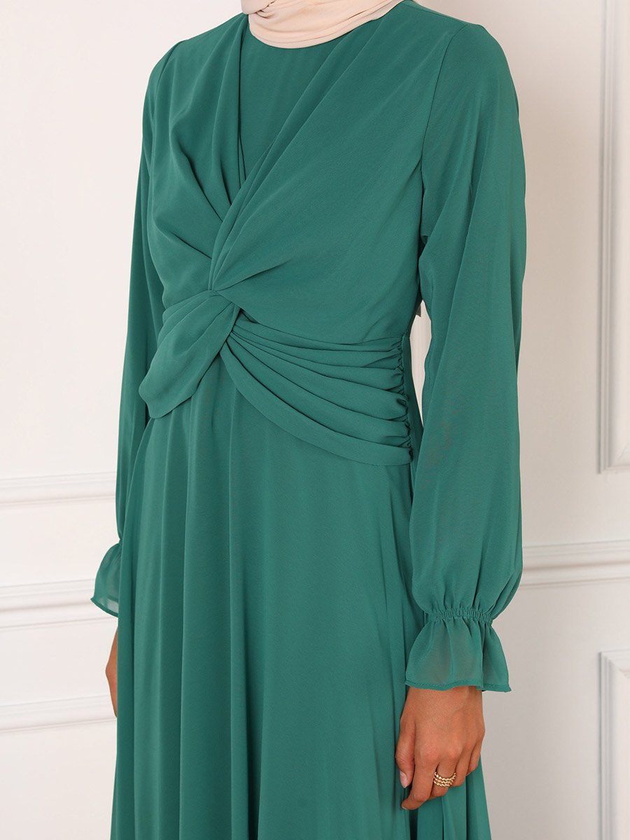 Dark Green Solid Twist Front Maxi Dress
