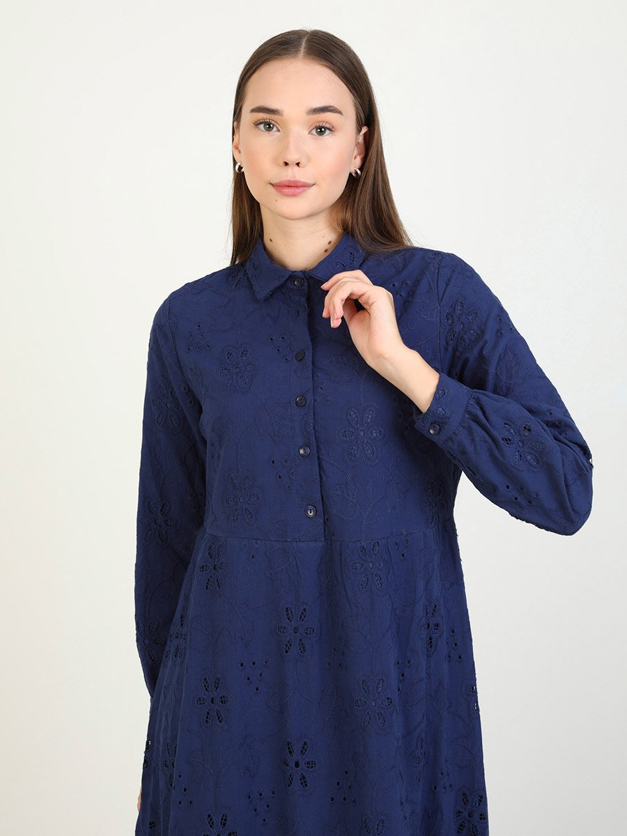 Navy Blue Embroidered Eyelet Maxi Dress For Women at Kuwait