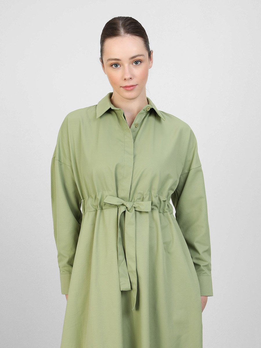 Solid Buttoned Maxi Dress with Tie-Up Belt Detail