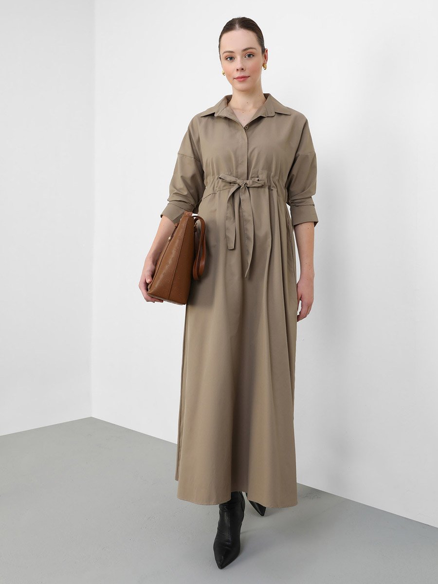 Brown Maxi Dress with Drawstring Tie Belt