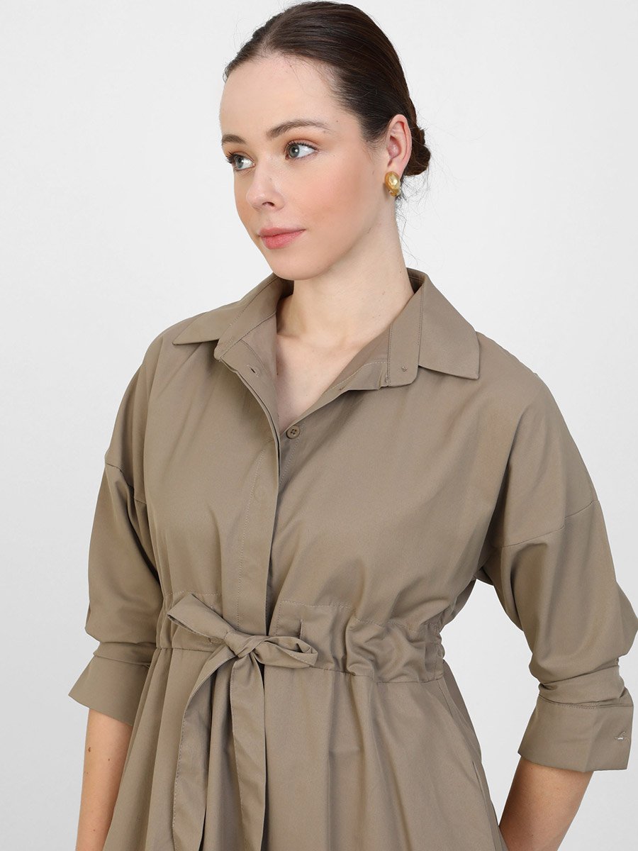 Brown Maxi Dress with Drawstring Tie Belt