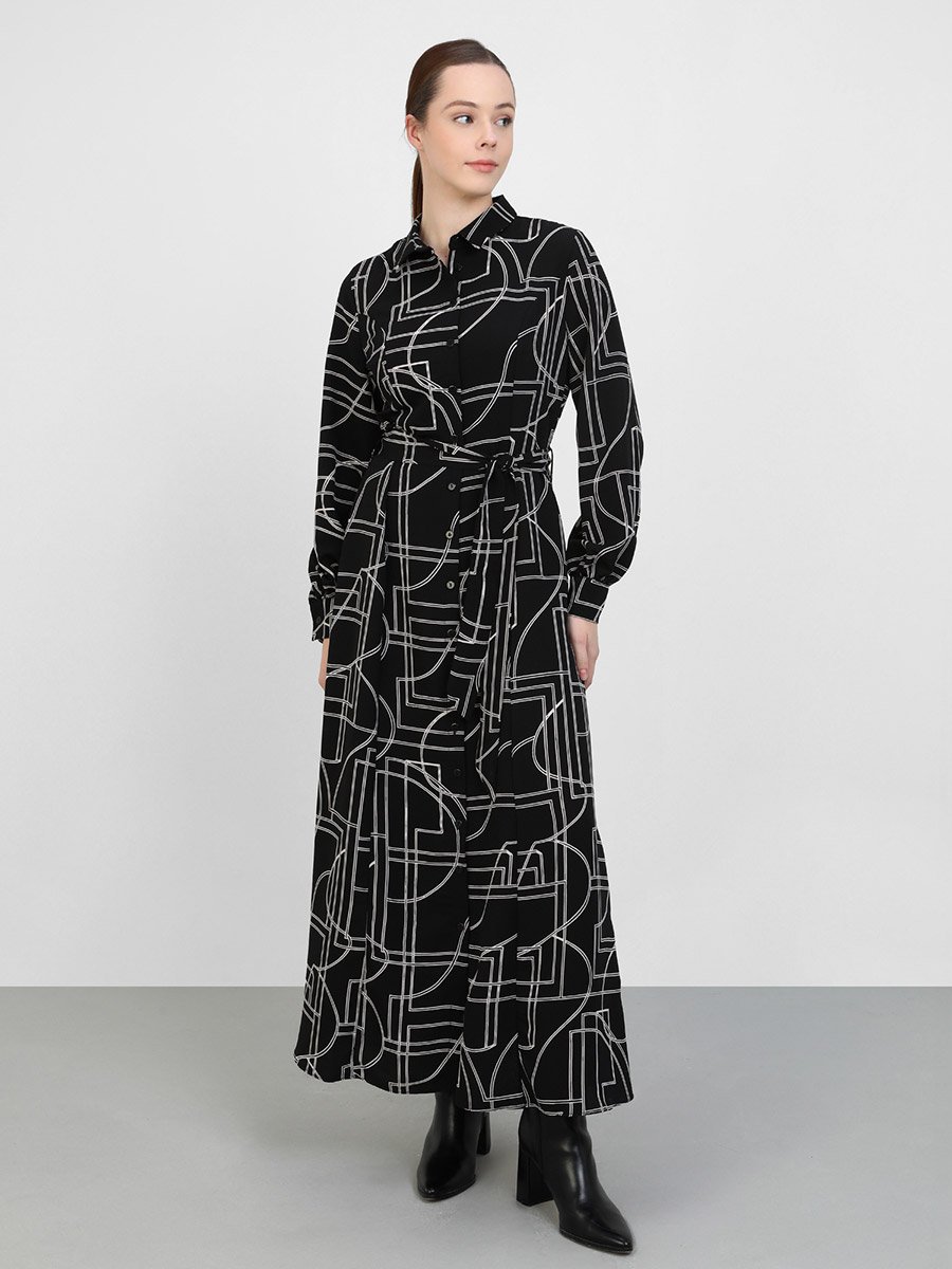 All-Over Print Buttoned Maxi Dress with Tie-Up Belt