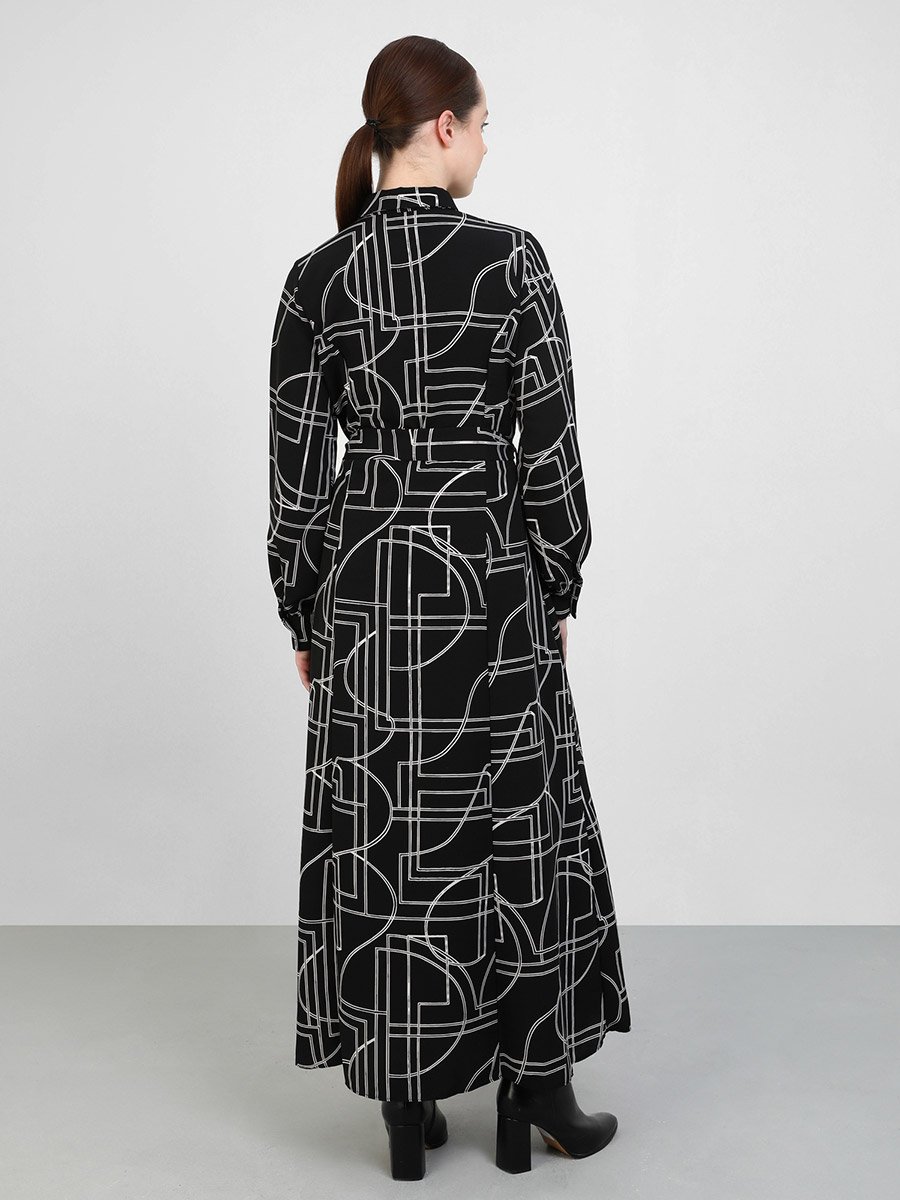 All-Over Print Buttoned Maxi Dress with Tie-Up Belt