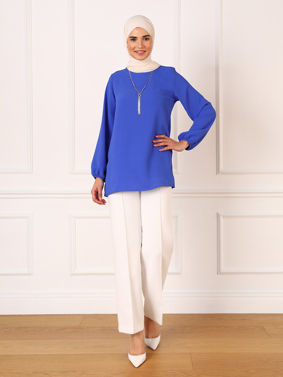Blue Solid Round Neck Longline Blouse