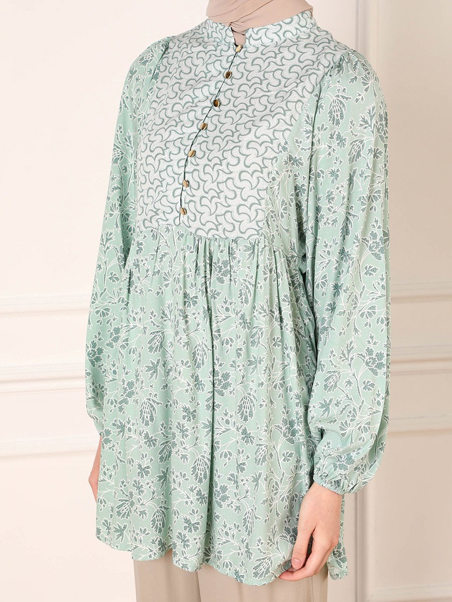 Green Floral Print Balloon Sleeve Buttoned Tunic