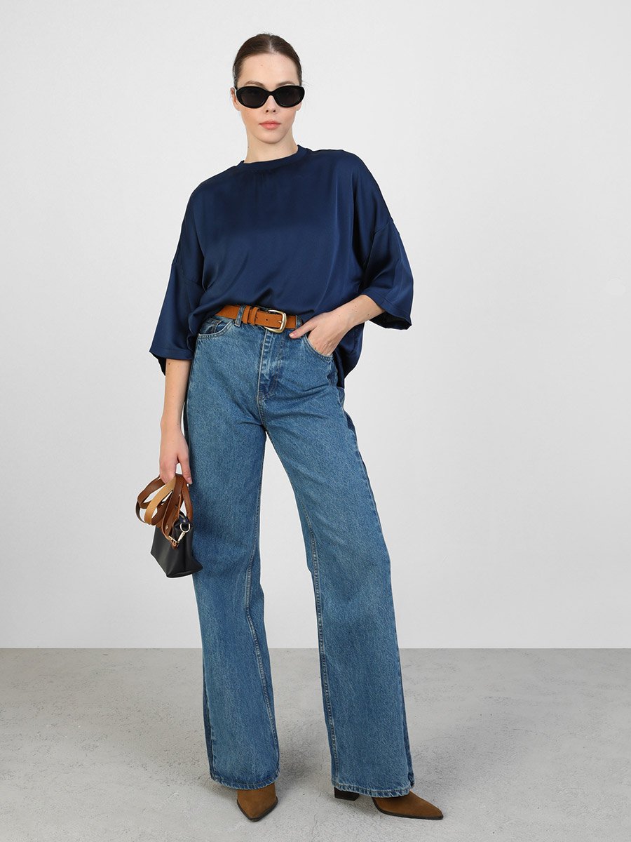 Navy Blue Solid Batwing Sleeve Top