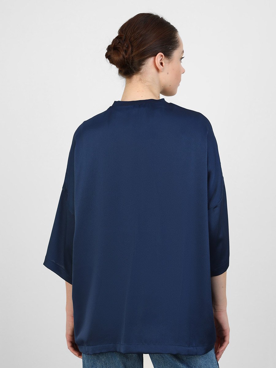 Navy Blue Solid Batwing Sleeve Top