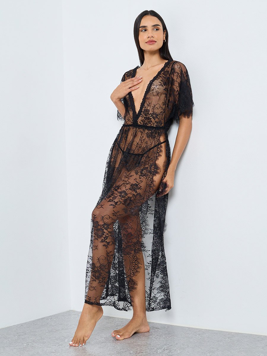Floral Pattern Lace Maxi Slip Dress with Thigh High Slit and Brief For  Women at Bahrain | Styli