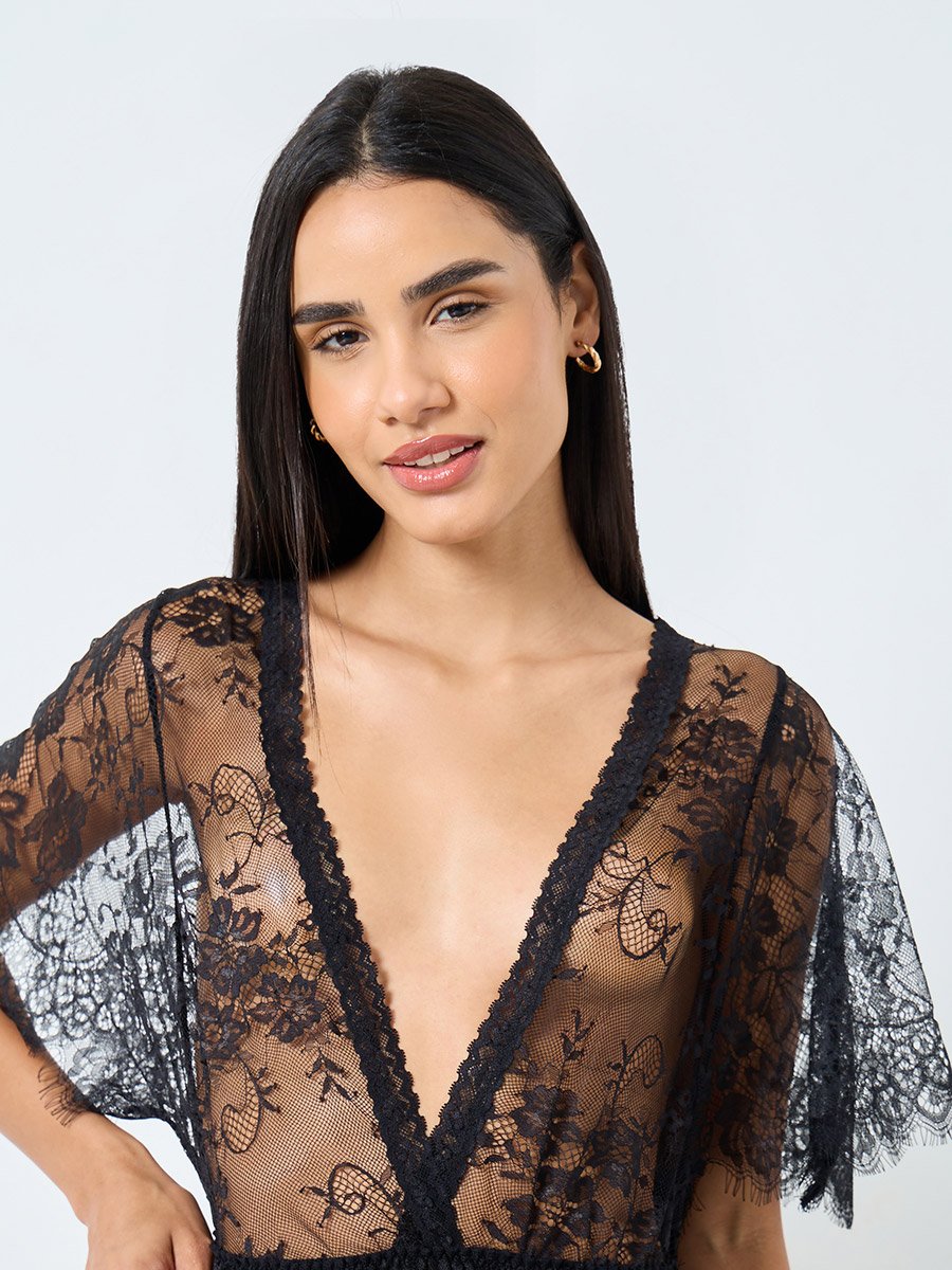 Floral Pattern Lace Maxi Slip Dress with Thigh High Slit and Brief