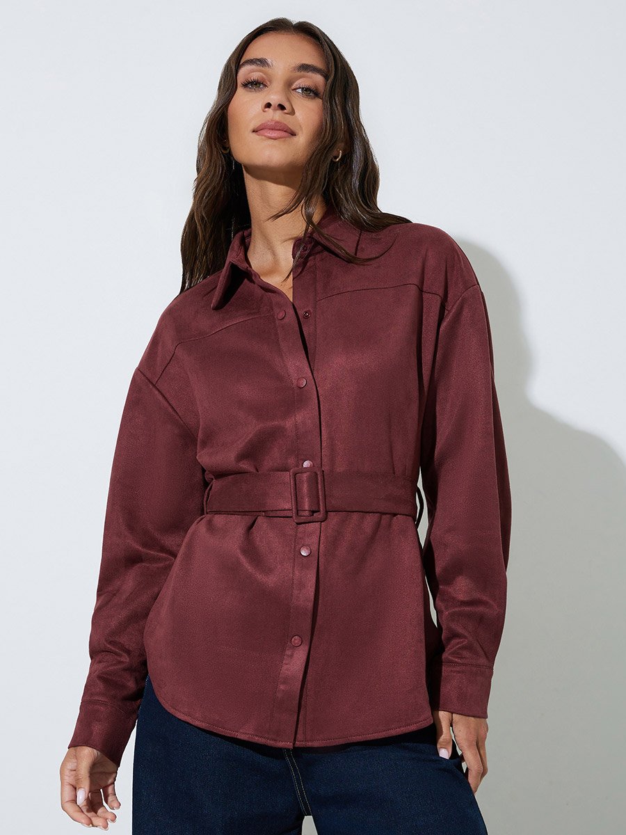 Burgundy Suede Look Long Sleeve Shirt with Belt