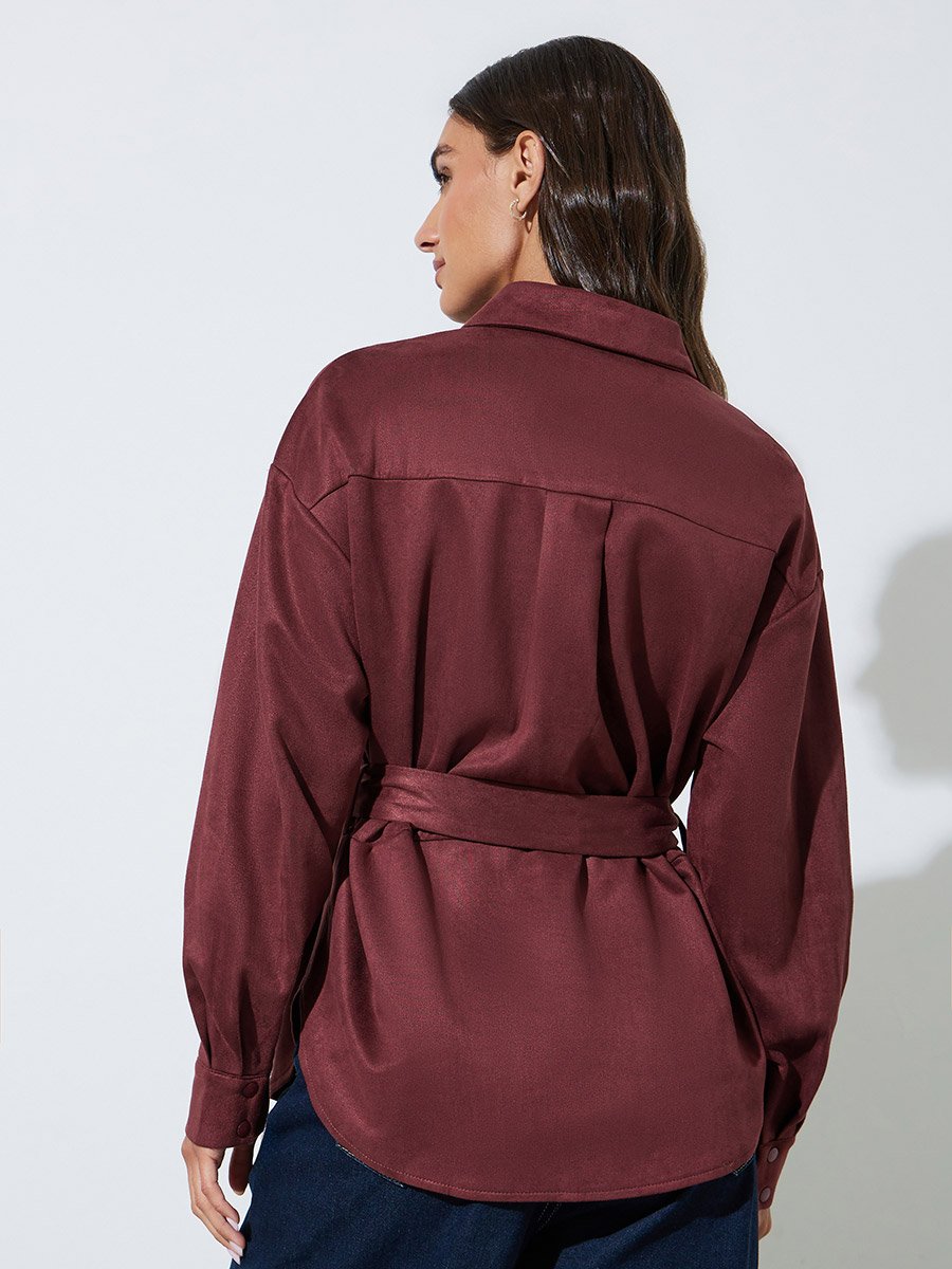 Burgundy Suede Look Long Sleeve Shirt with Belt