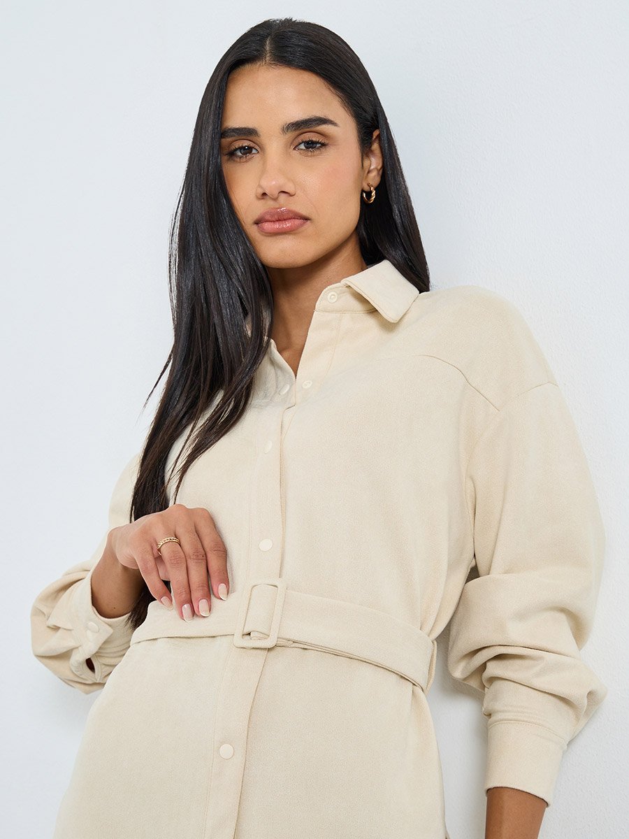 Cream Suede Look Long Sleeve Shirt with Belt