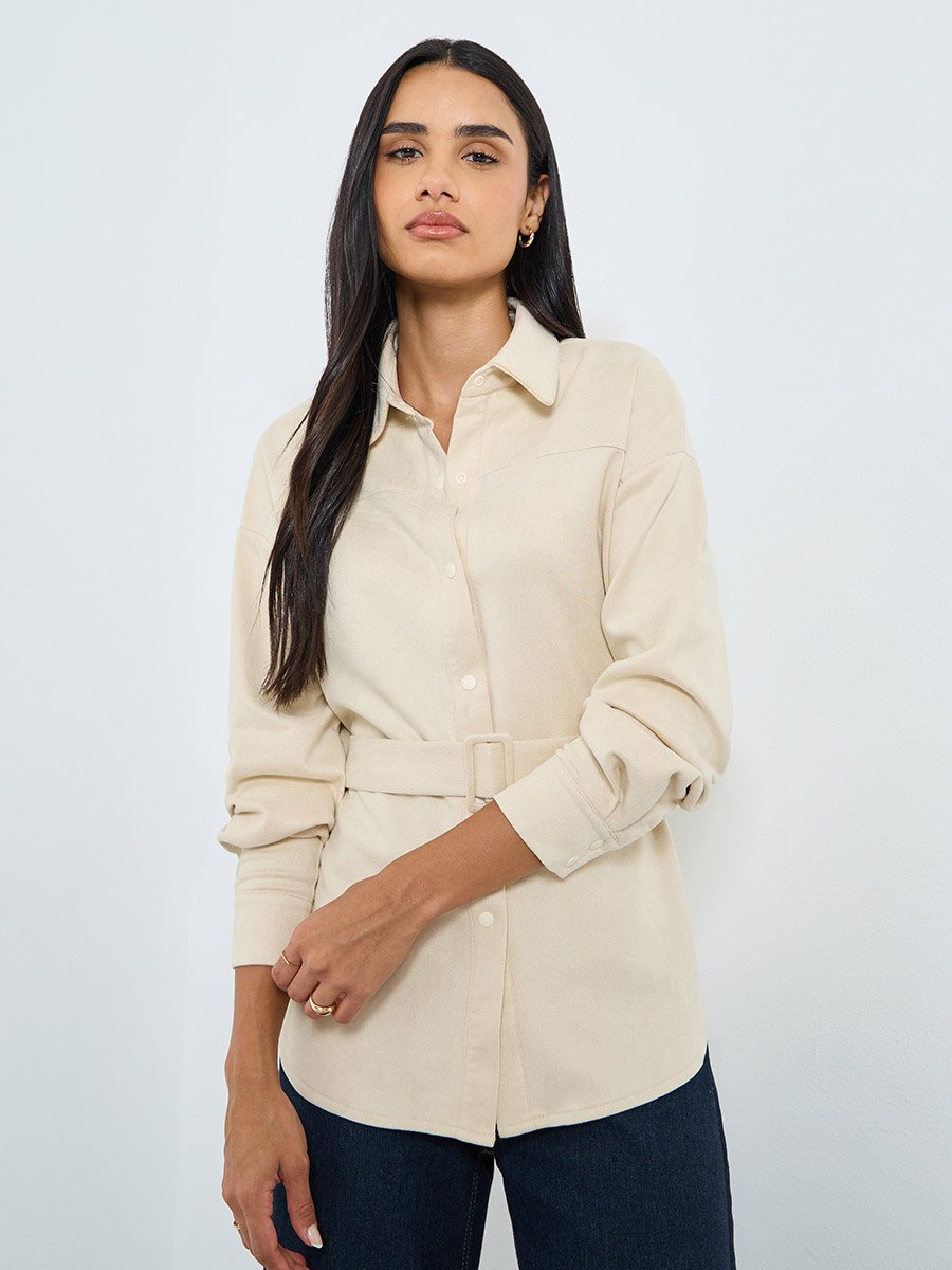 Cream Suede Look Long Sleeve Shirt with Belt