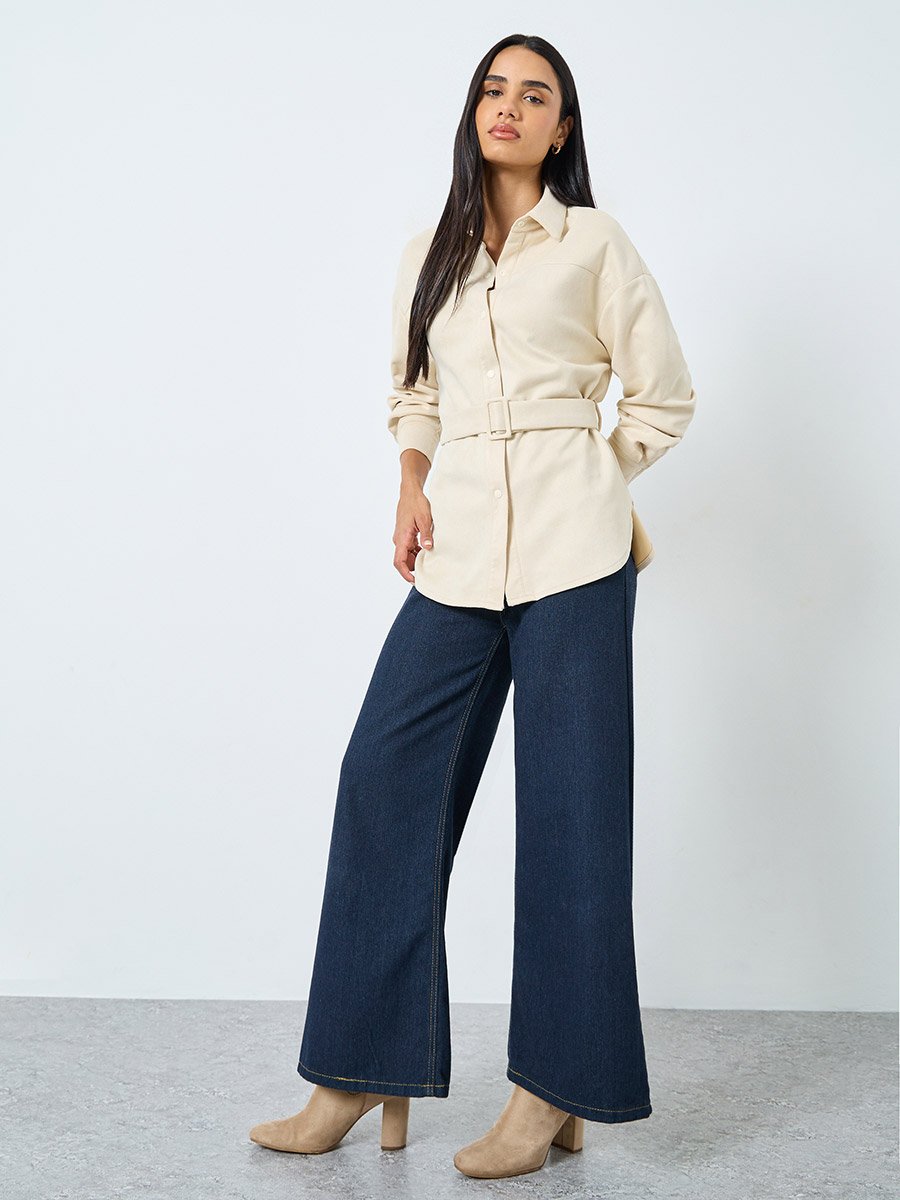Cream Suede Look Long Sleeve Shirt with Belt