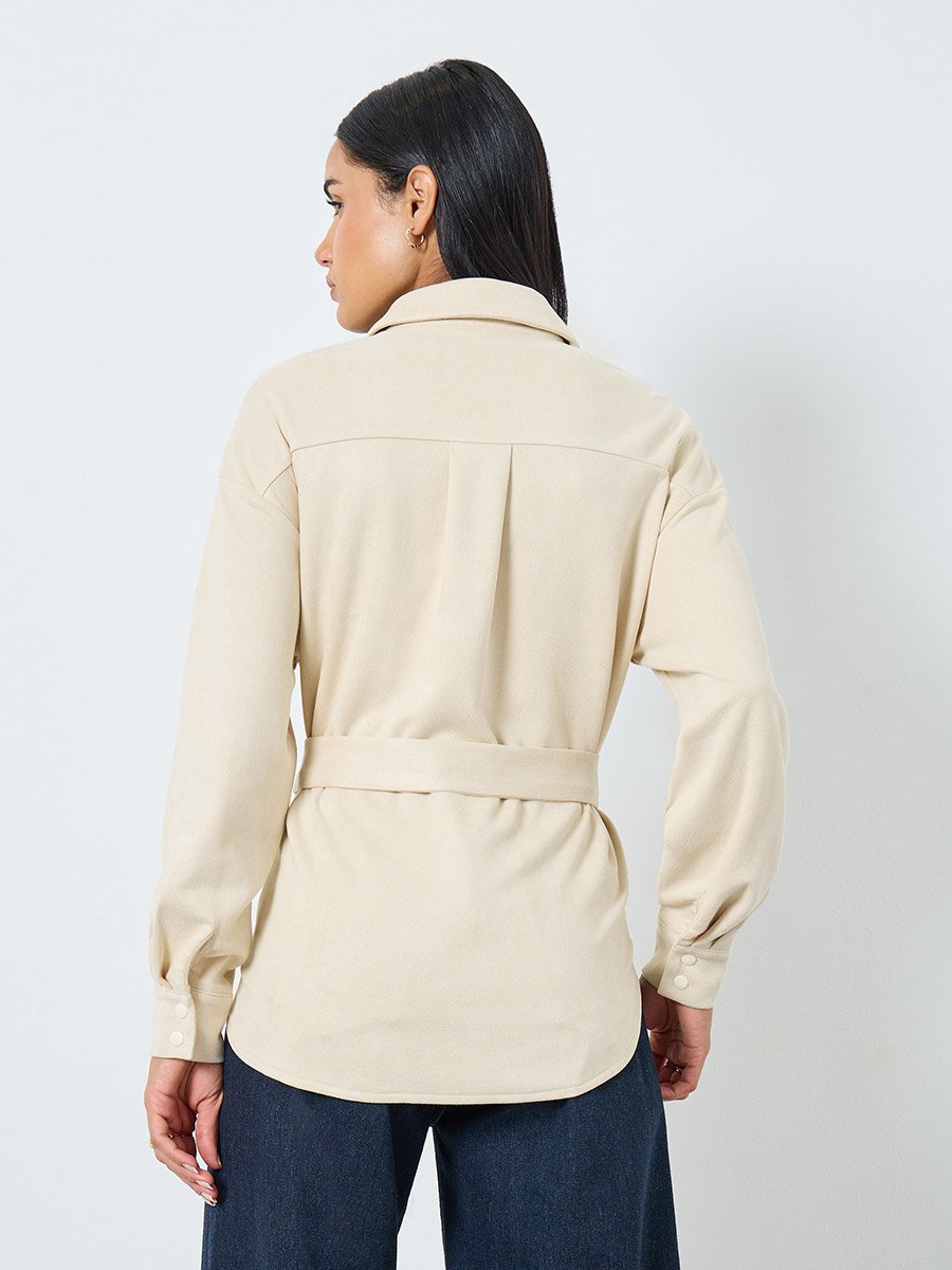 Cream Suede Look Long Sleeve Shirt with Belt