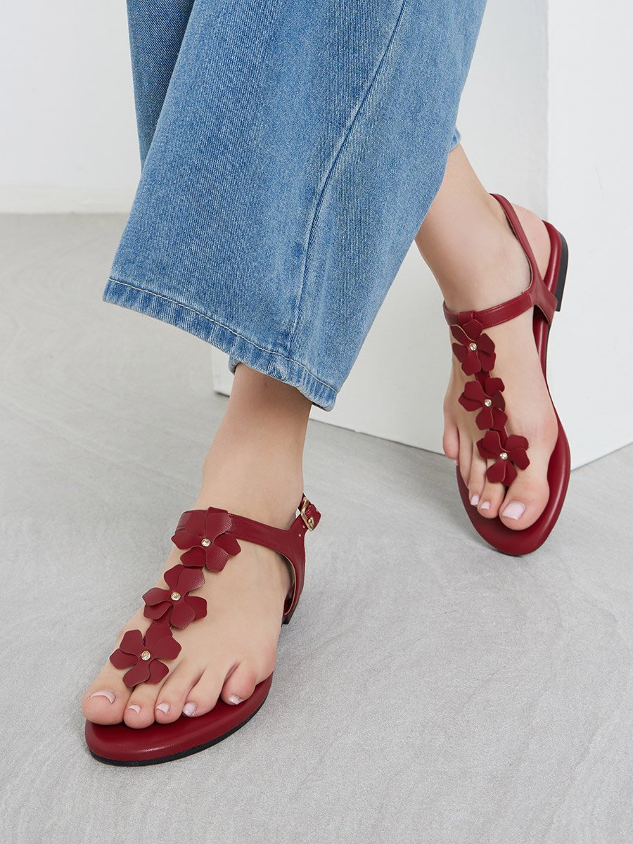Burgundy Flower Detail Flat Sandals