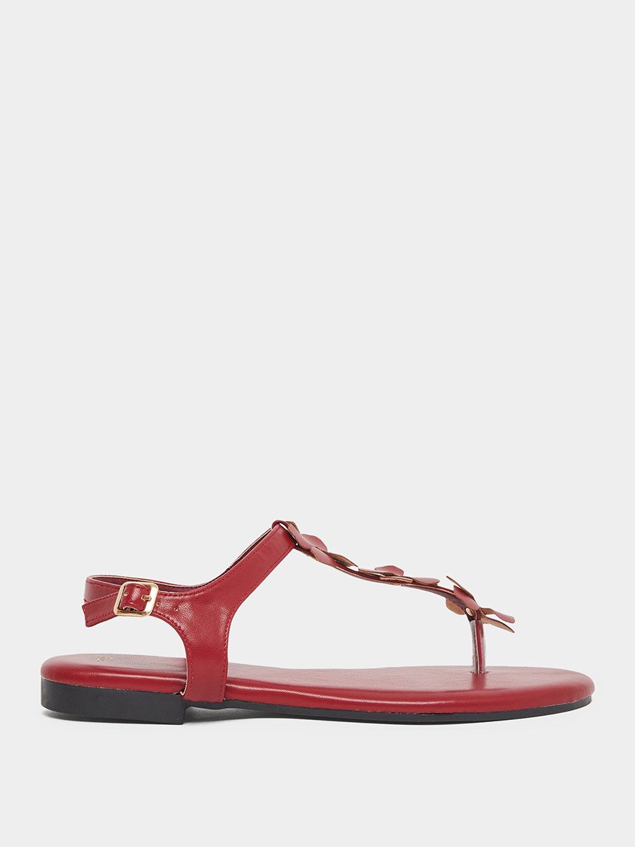 Burgundy Flower Detail Flat Sandals