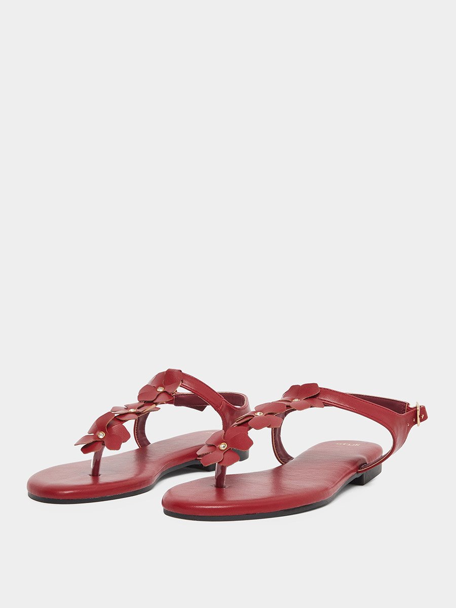 Burgundy Flower Detail Flat Sandals