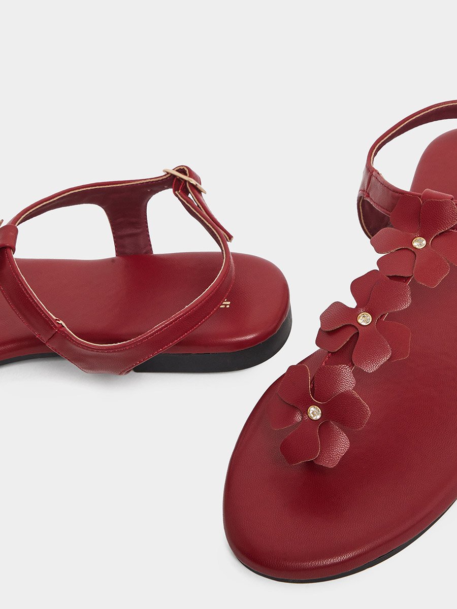 Burgundy Flower Detail Flat Sandals