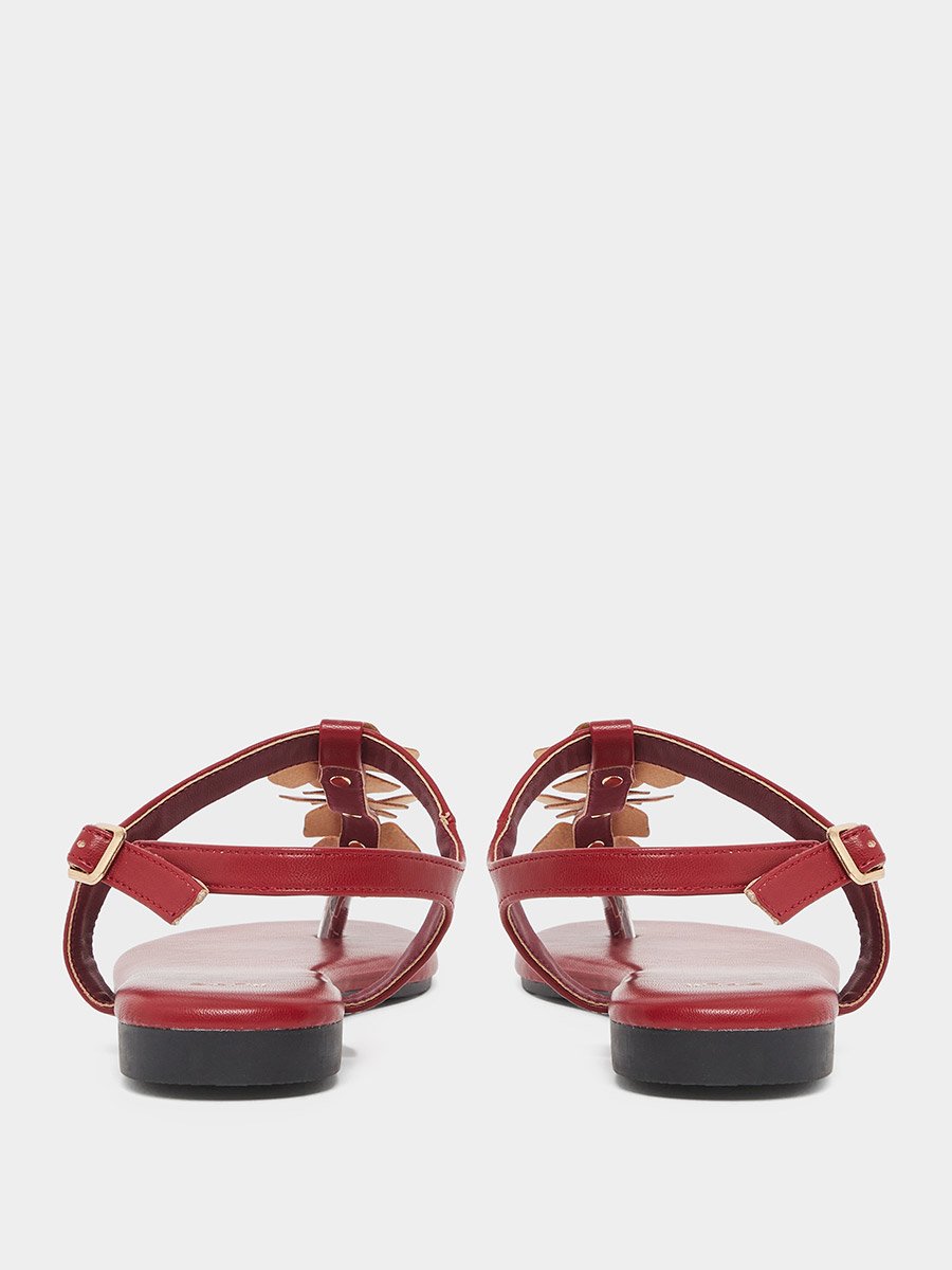 Burgundy Flower Detail Flat Sandals