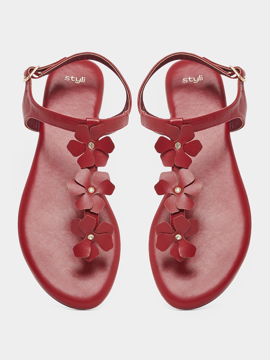 Burgundy Flower Detail Flat Sandals