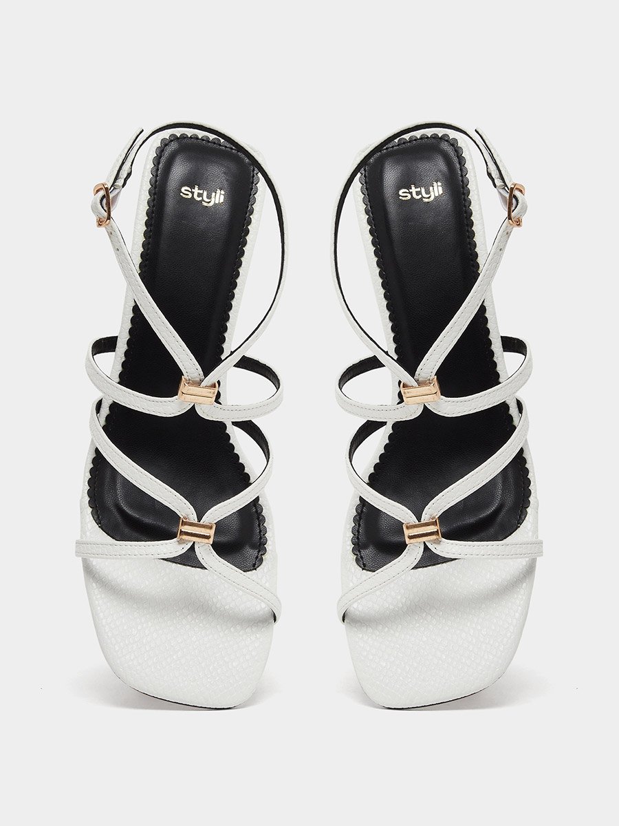 White Metal Trim Accent Strappy Sandals