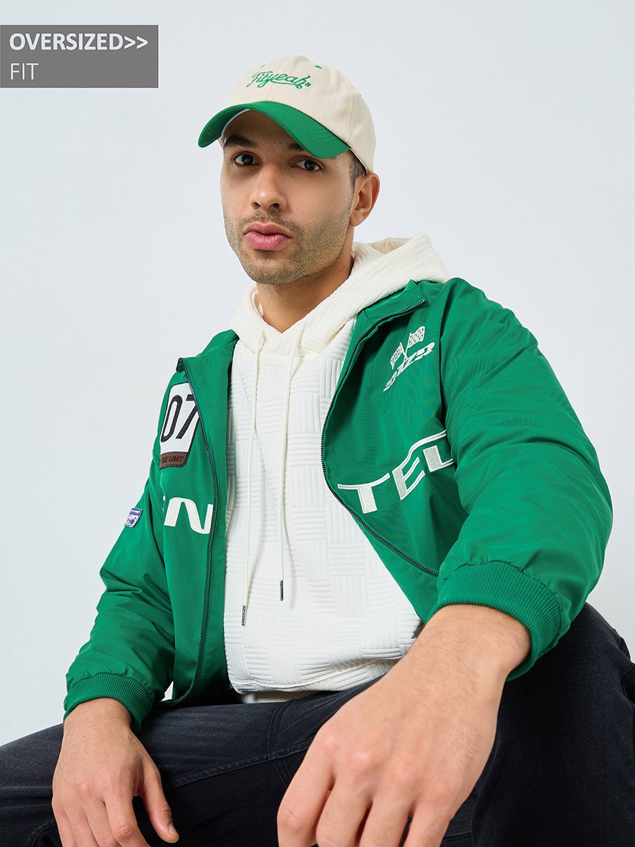 Men Green Oversized Embroidered Bomber Jacket