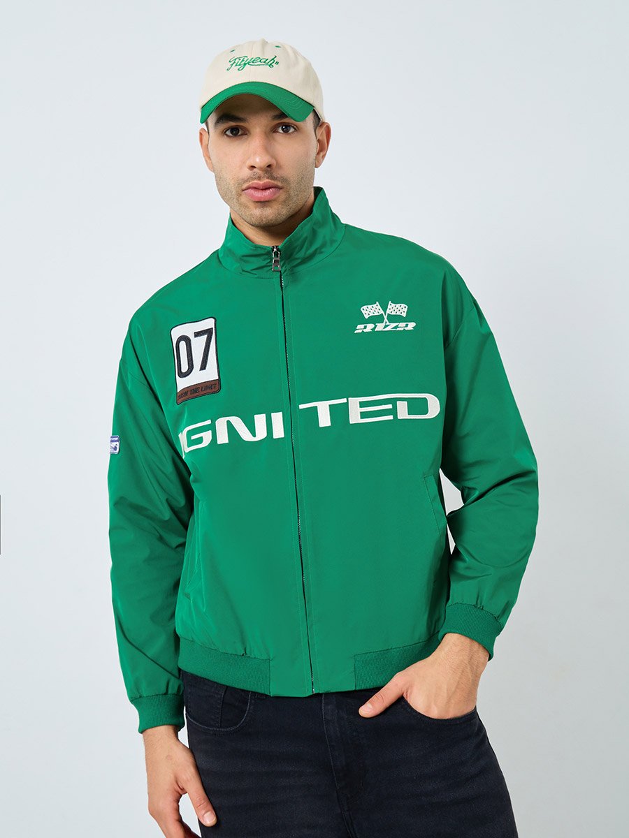 Men Green Oversized Embroidered Bomber Jacket