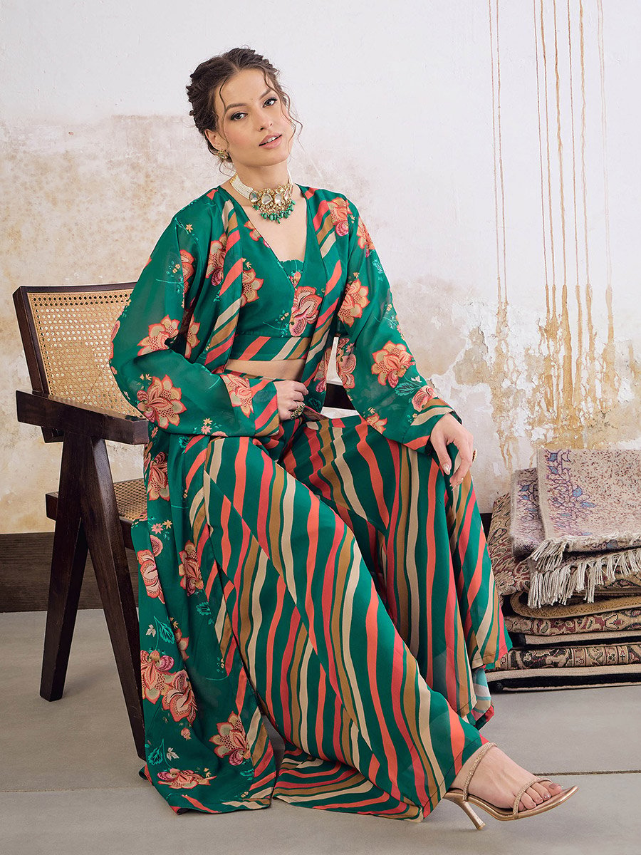 Floral Crop Top with Palazzo Pants and Shrug Set