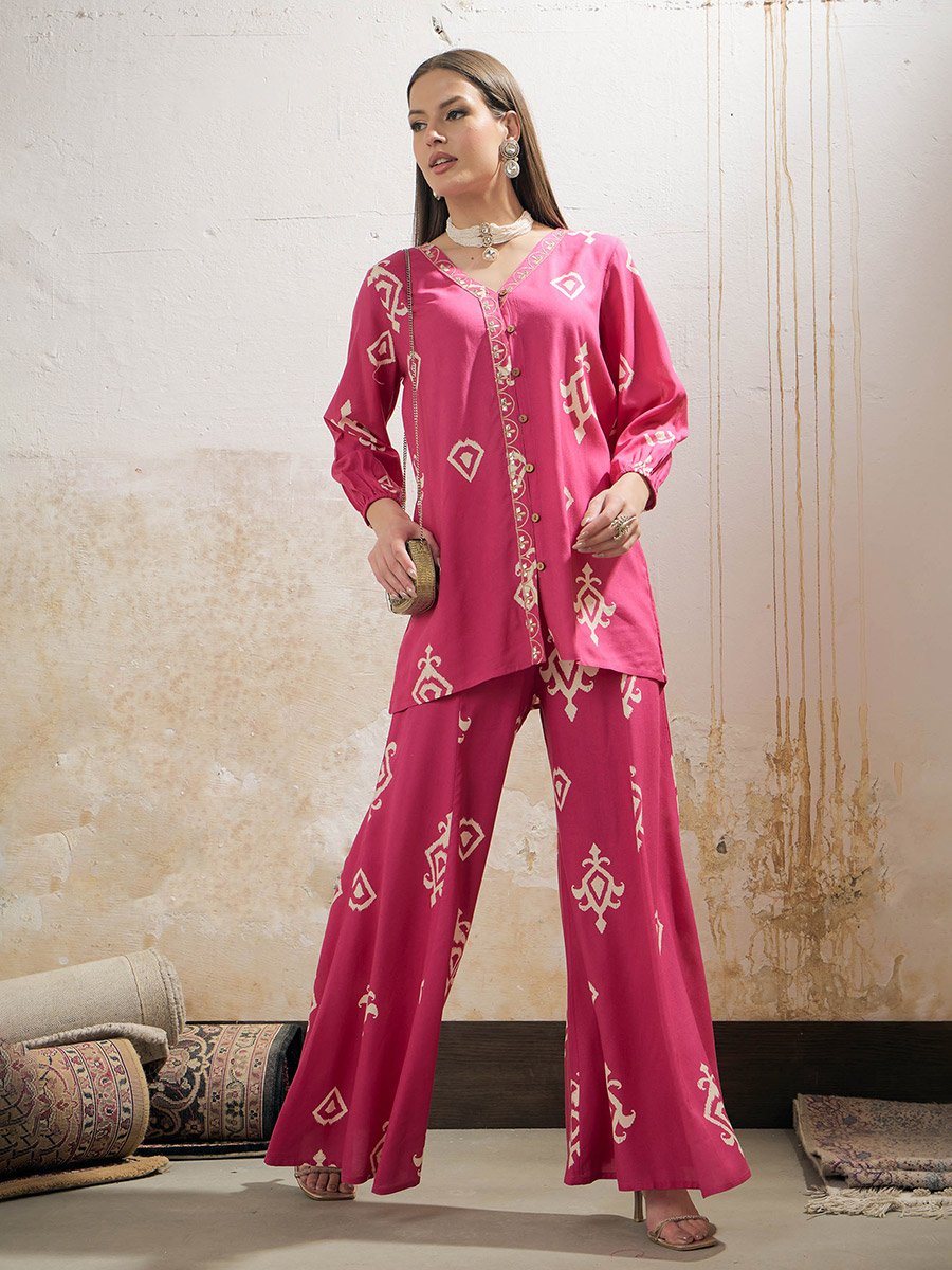 Pink and White Ethnic Rayon Shirt with Palazzos Set