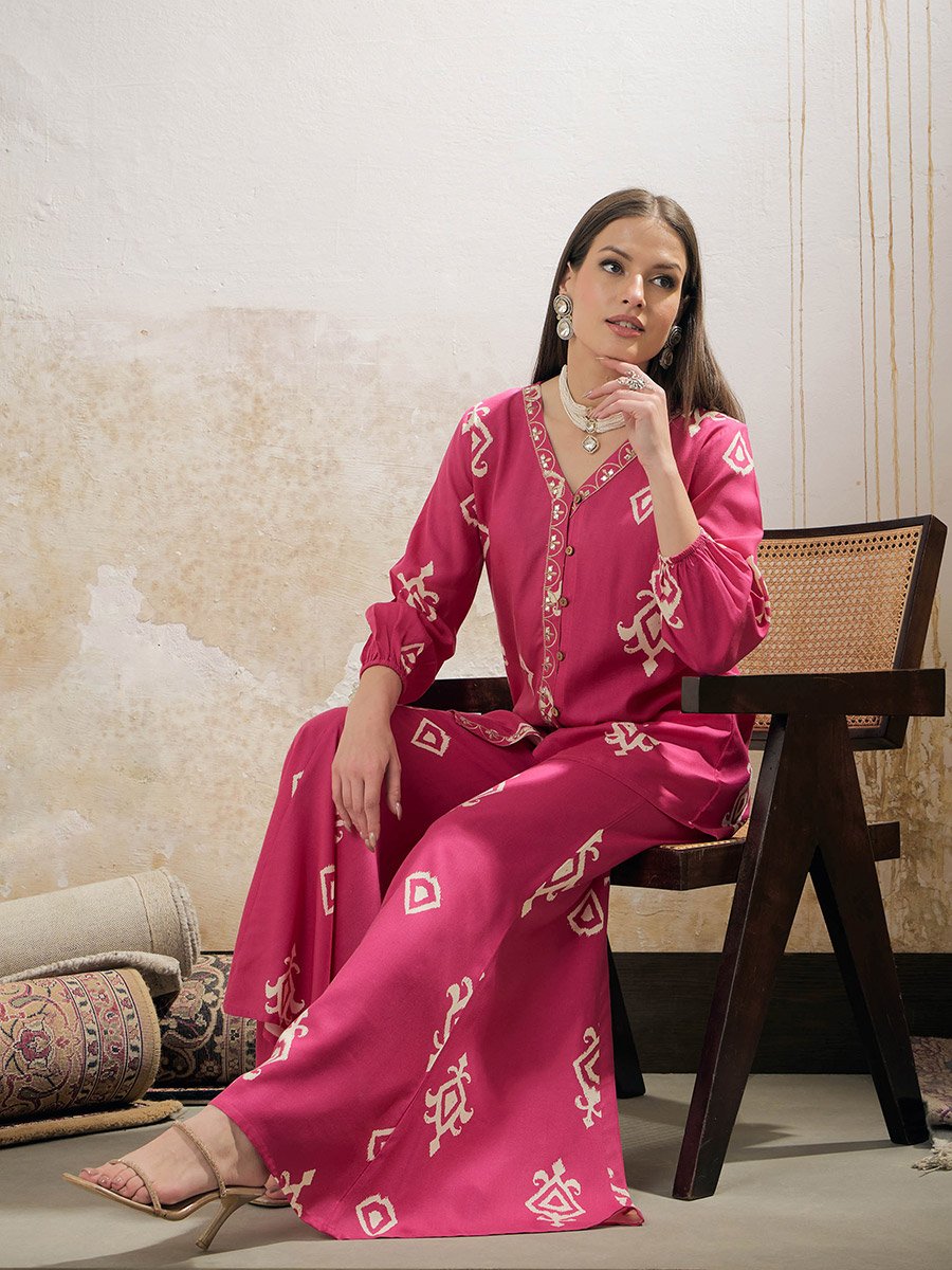 Pink and White Ethnic Rayon Shirt with Palazzos Set