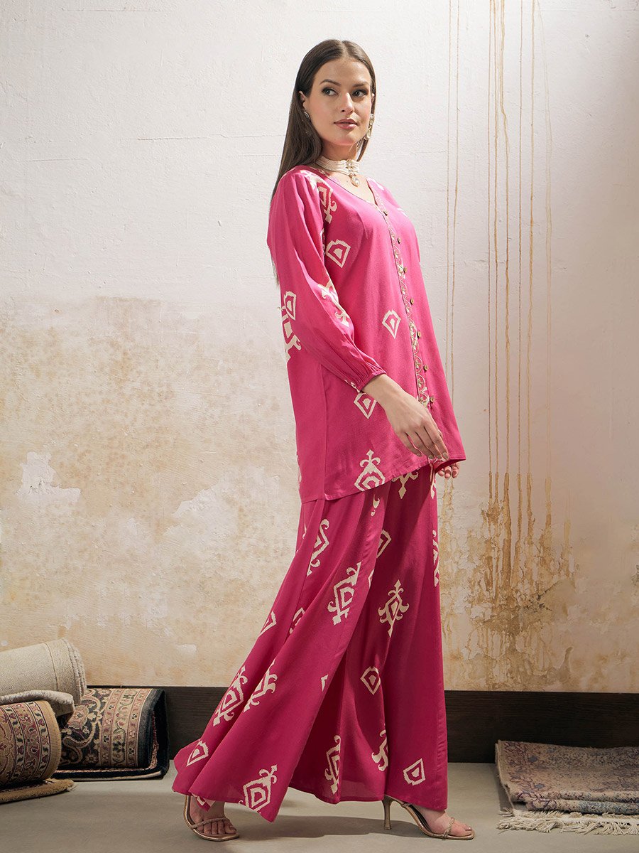Pink and White Ethnic Rayon Shirt with Palazzos Set