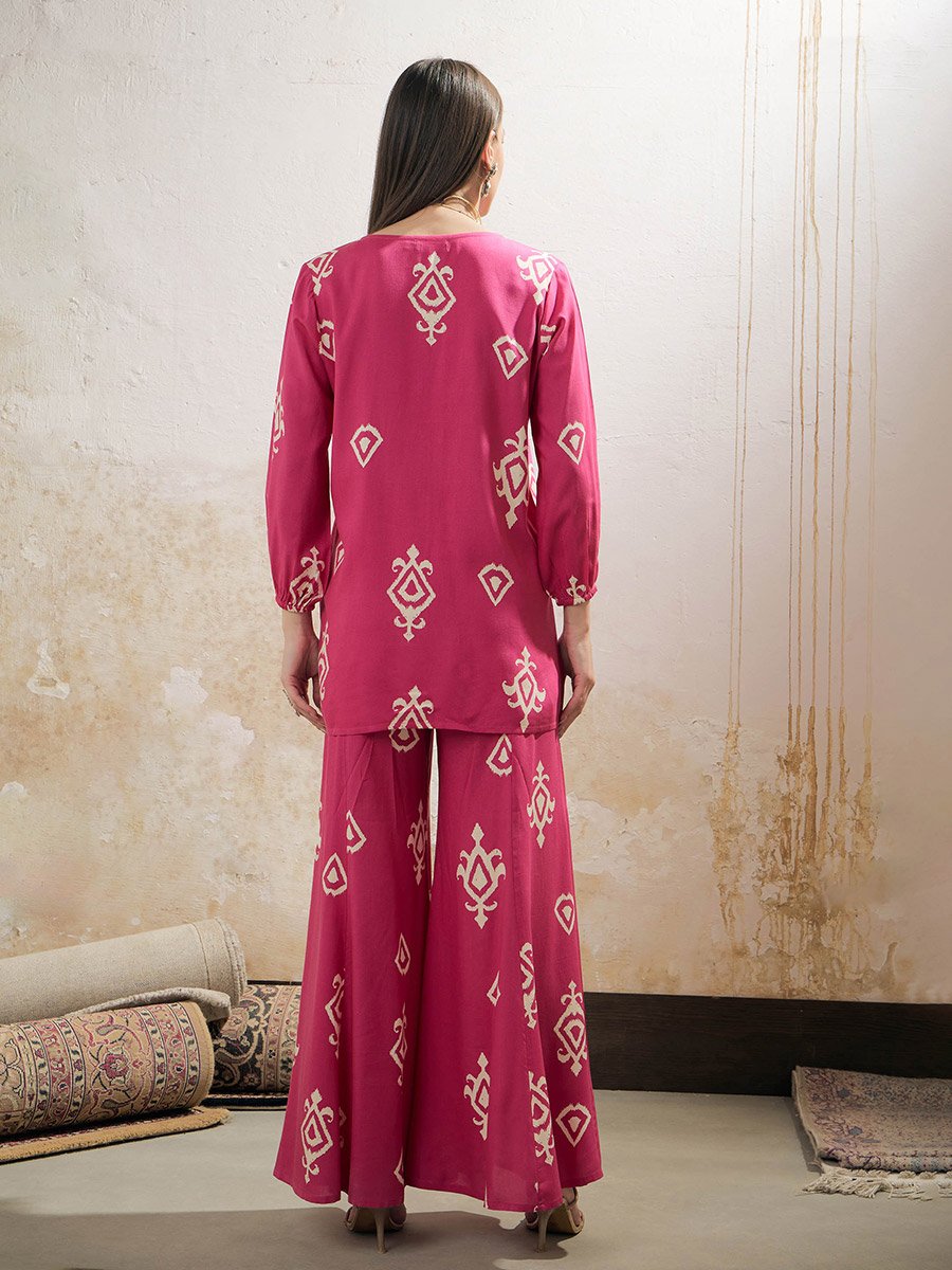 Pink and White Ethnic Rayon Shirt with Palazzos Set