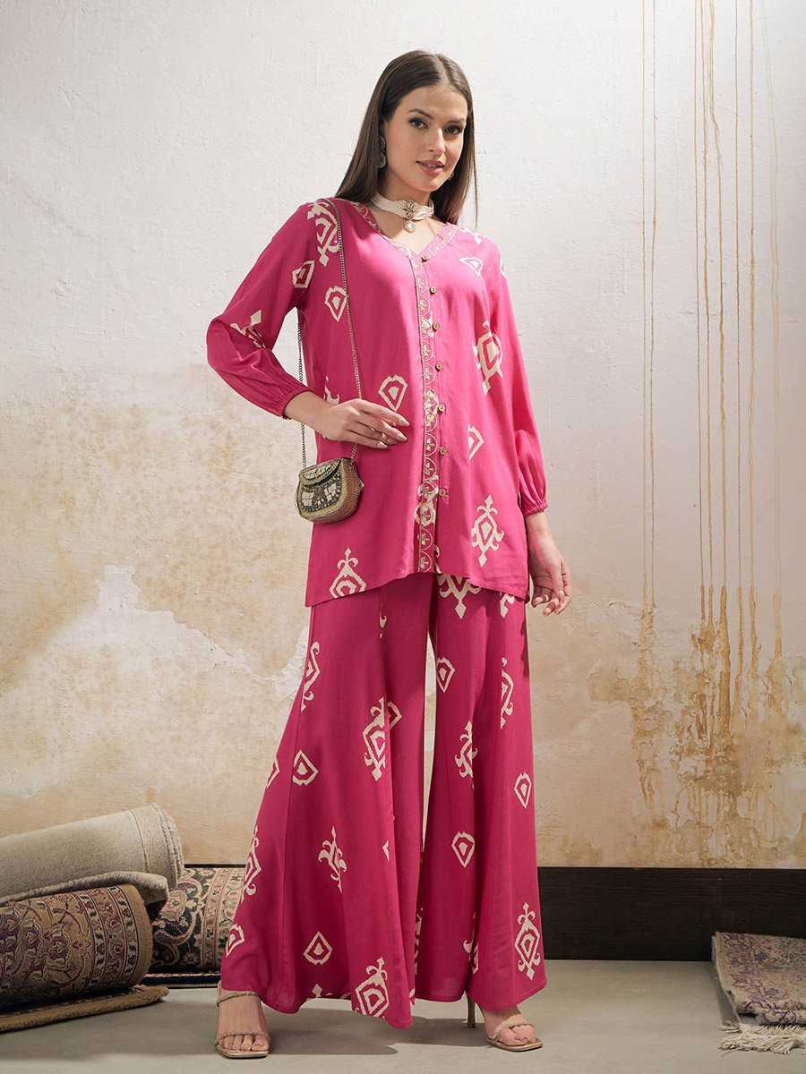 Pink and White Ethnic Rayon Shirt with Palazzos Set