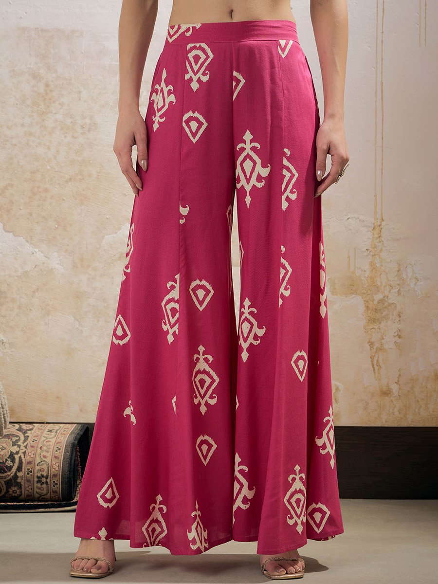 Pink and White Ethnic Rayon Shirt with Palazzos Set
