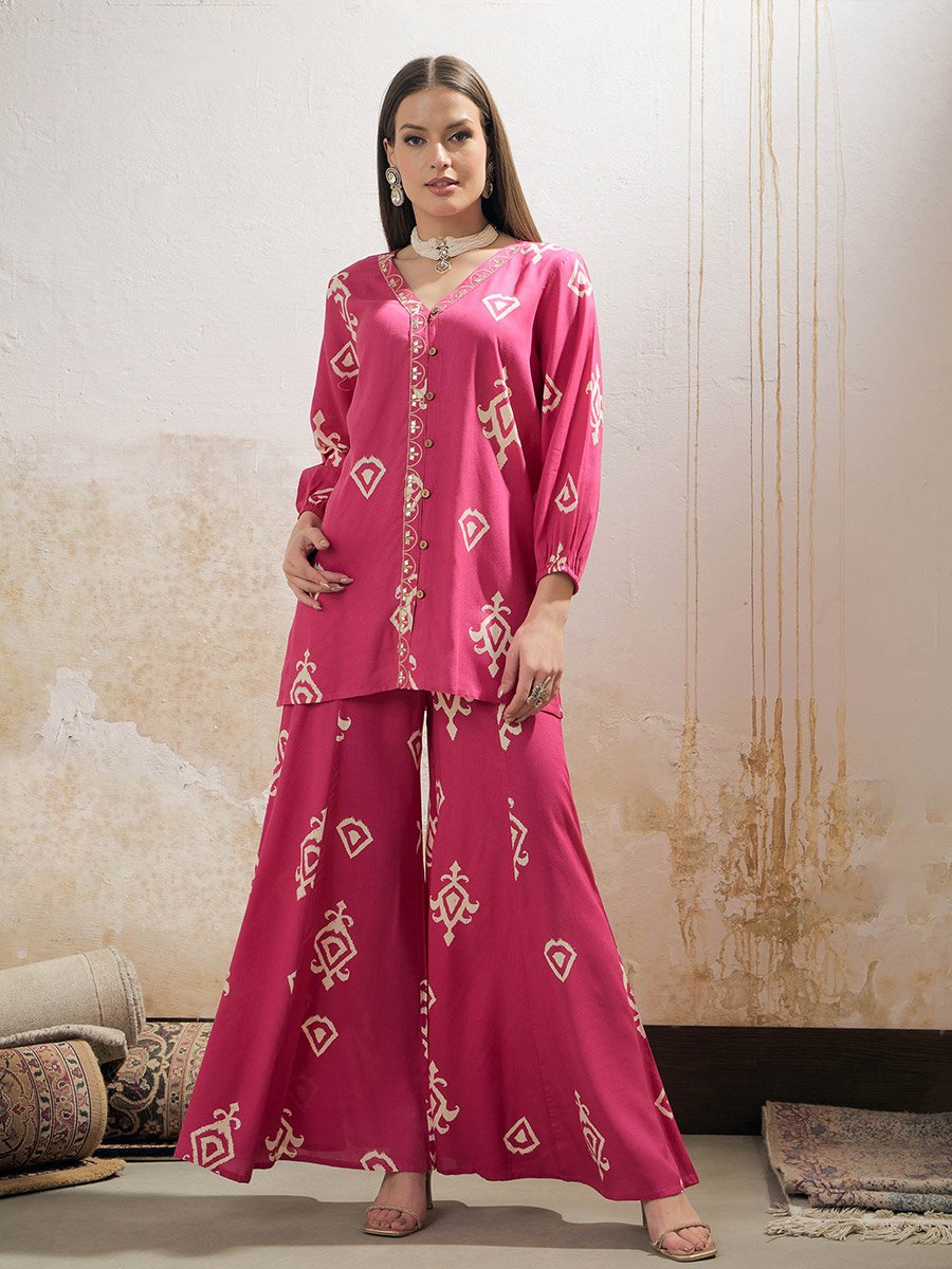 Pink and White Ethnic Rayon Shirt with Palazzos Set