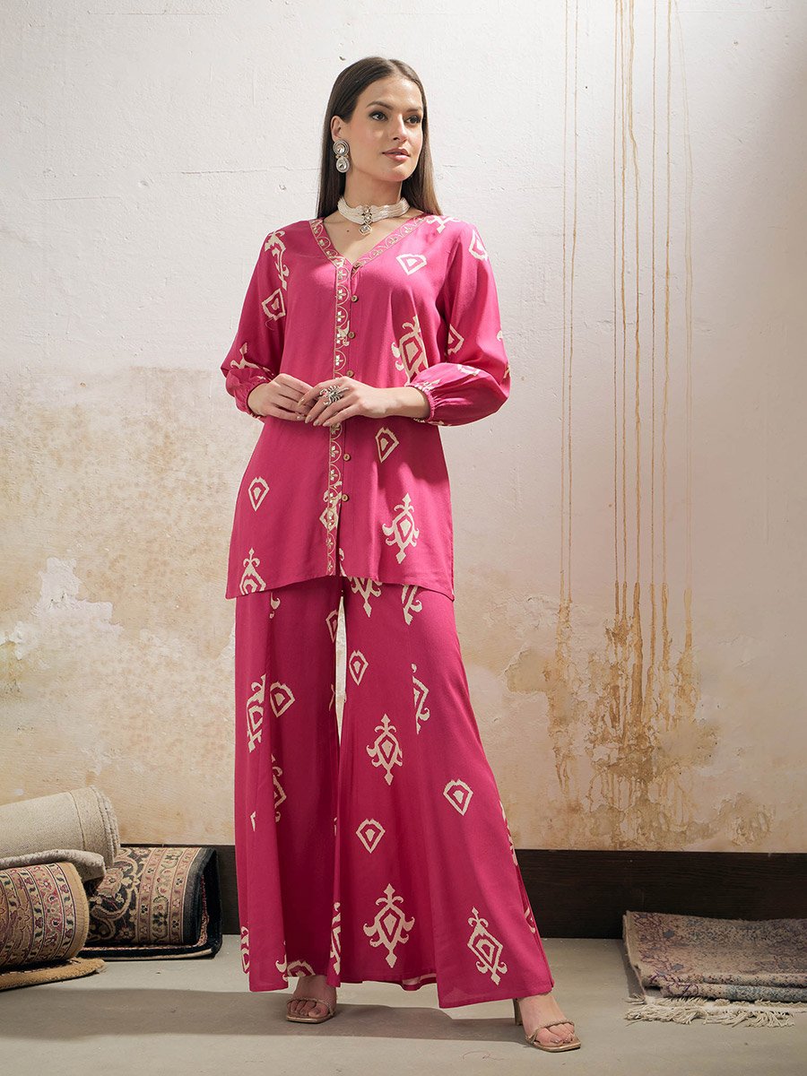 Pink and White Ethnic Rayon Shirt with Palazzos Set