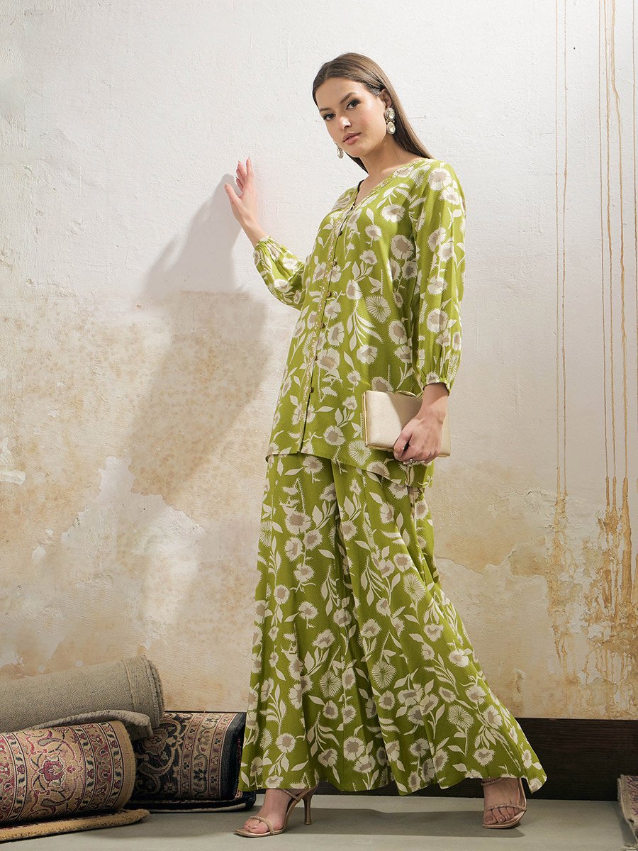 Green and White Floral Rayon Shirt with Palazzos Set