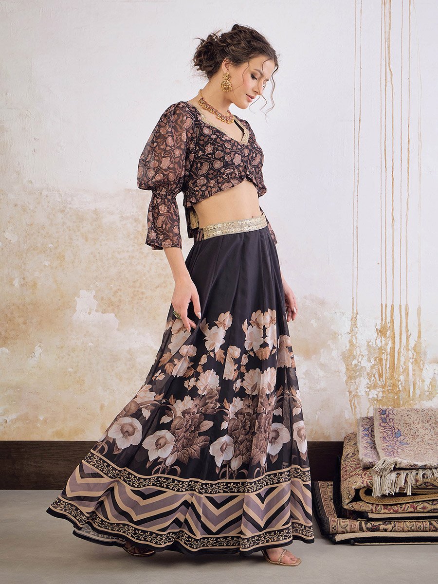 Black Floral Hem Frill Crop Top with Anarkali Skirt Set