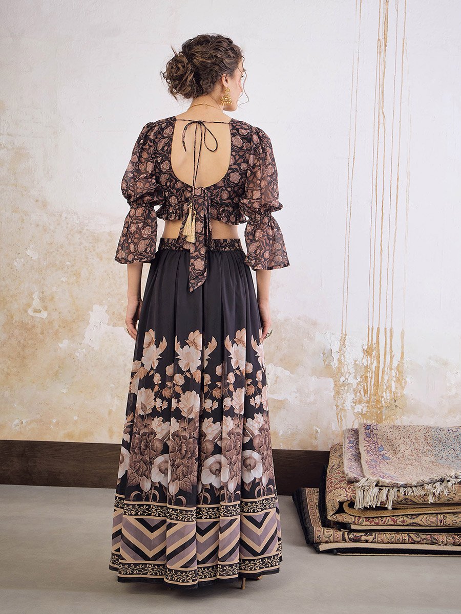 Black Floral Hem Frill Crop Top with Anarkali Skirt Set