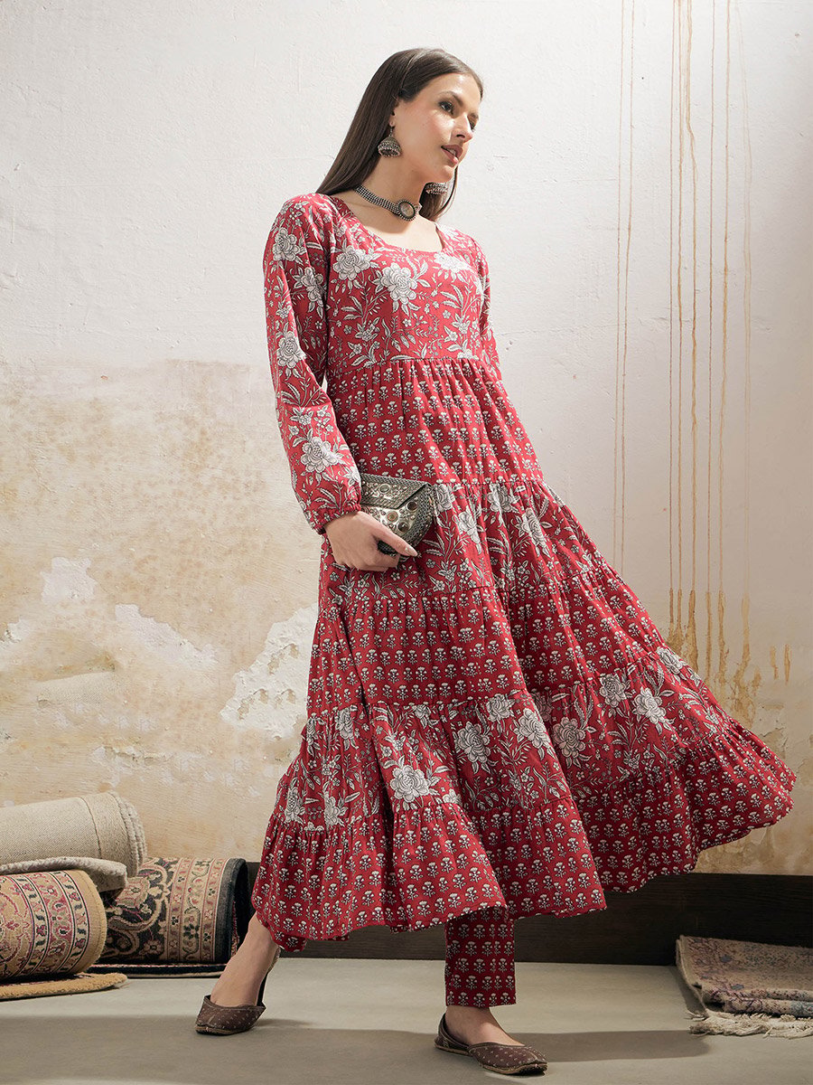 Maroon and White Cambric Tiered Kurta with Pencil Pants Set