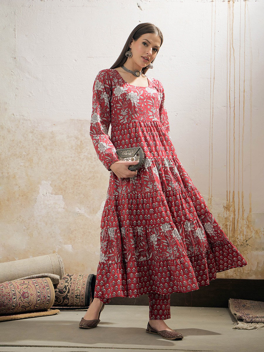 Maroon and White Cambric Tiered Kurta with Pencil Pants Set